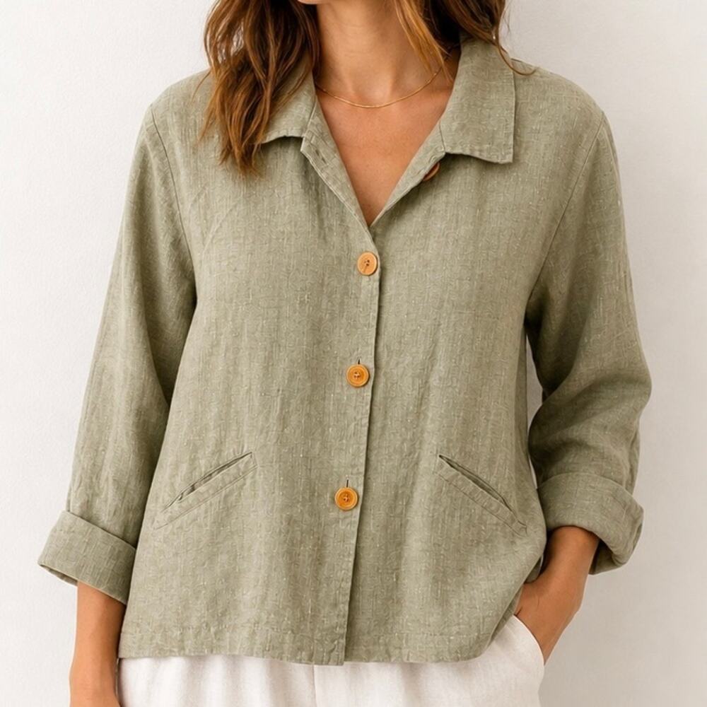 FLAX | Sage Green Linen Jacket Boxy Patch Pockets Oversized Coat | Size Small